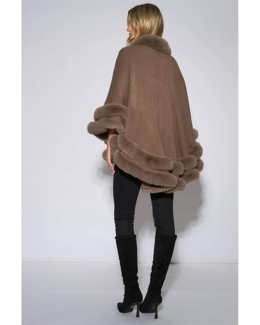 Gini London Brown Double Layer Fur Trim Cape
