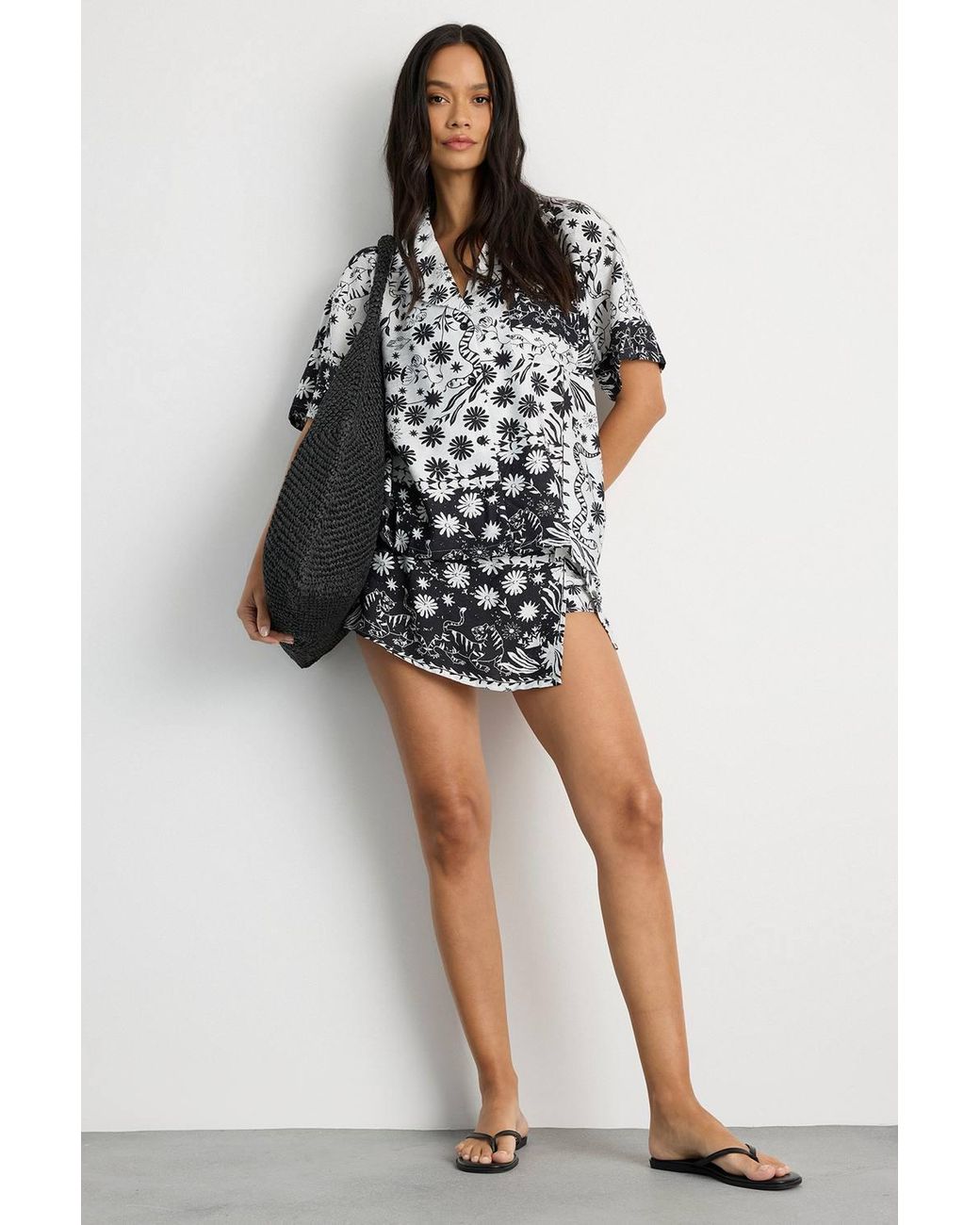 Warehouse Blue Scarf Print Button Through Blouse
