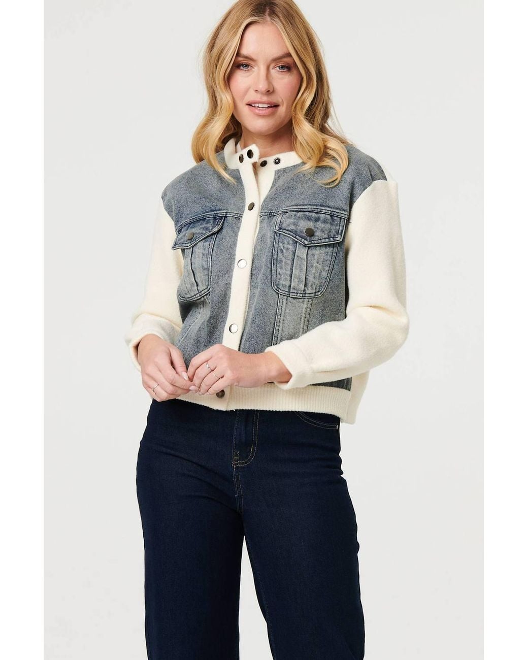 Izabel London Blue Denim Contrast Texture Boxy Jacket