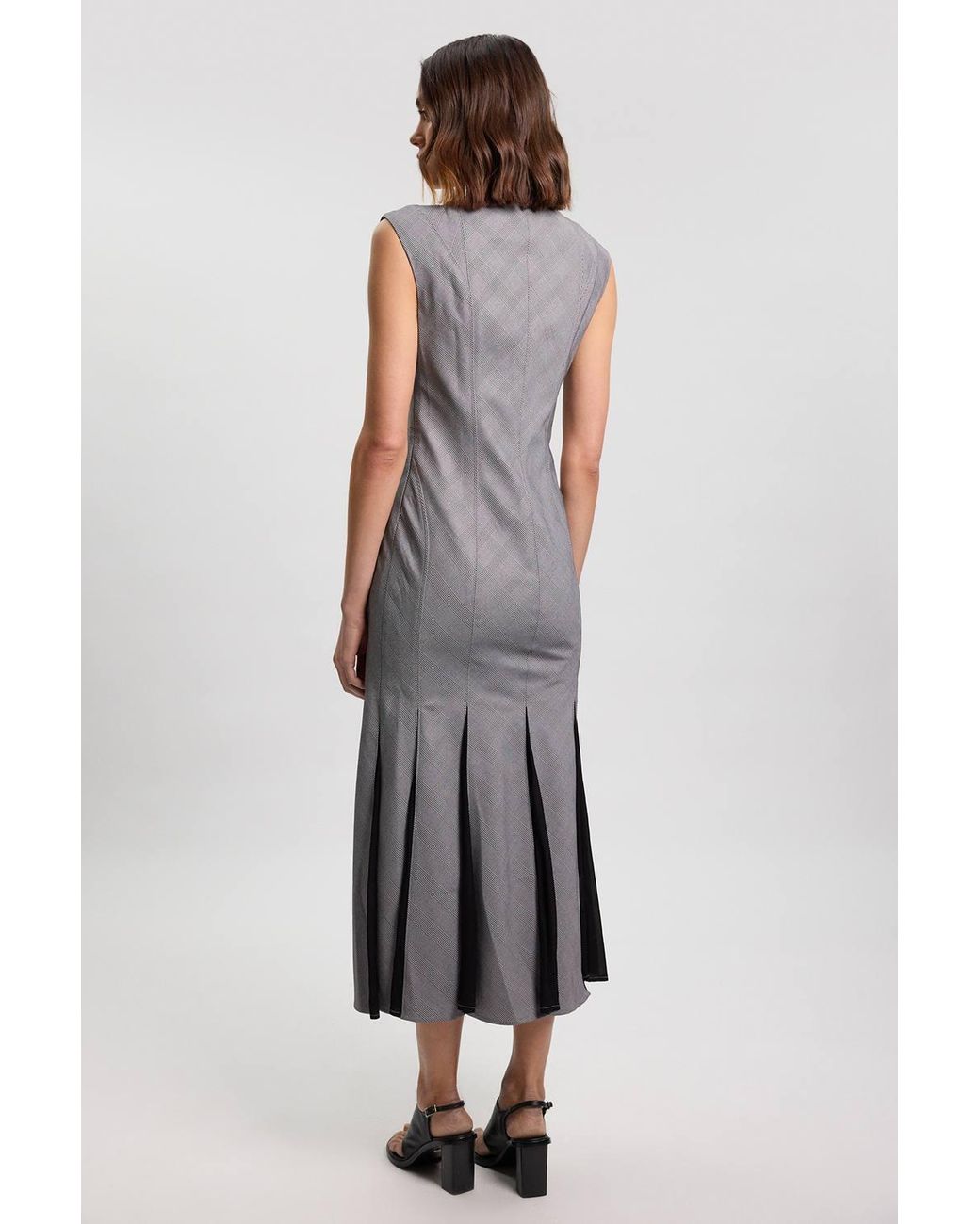 Karen Millen Gray Soft Tailored Check Godet Detail Midi Dress