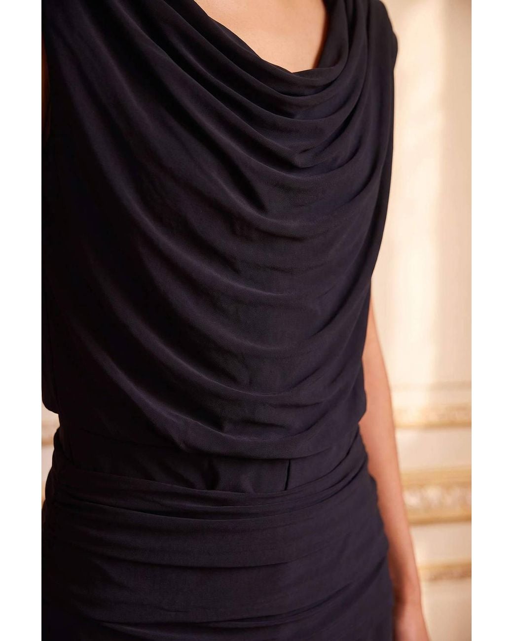Roman Black Cowl Neck Ruched Stretch Jumpsuit