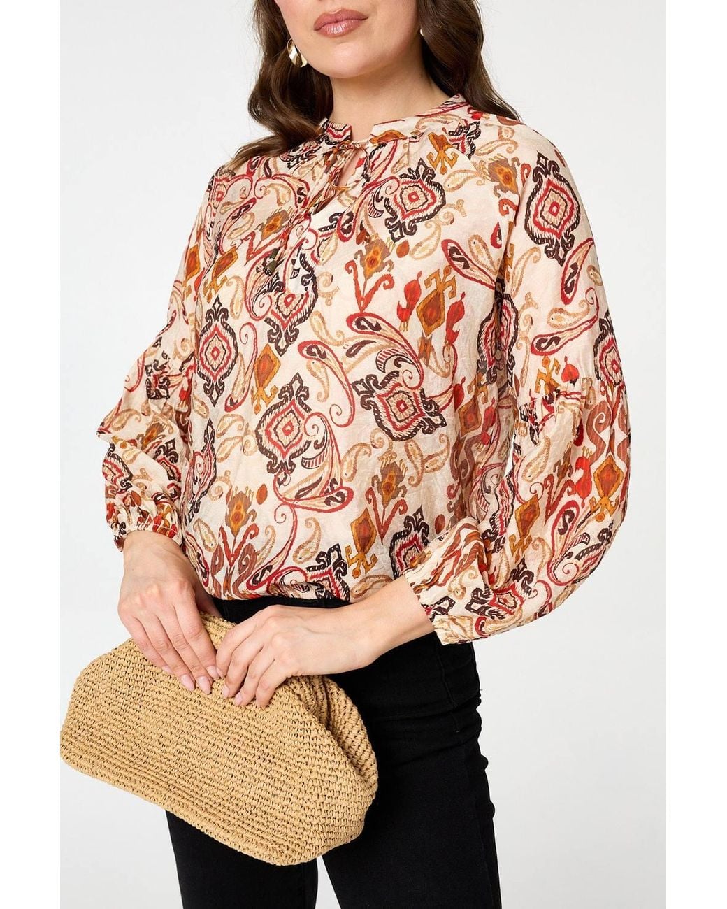 Izabel London Orange Printed Tie High Neck Long Sleeve Blouse
