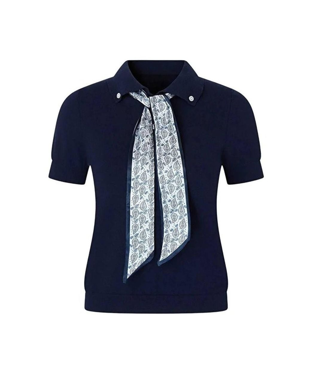 WOVCOR Blue Tie Neck Collared Short Sleeve Knitted Slim Fit Top