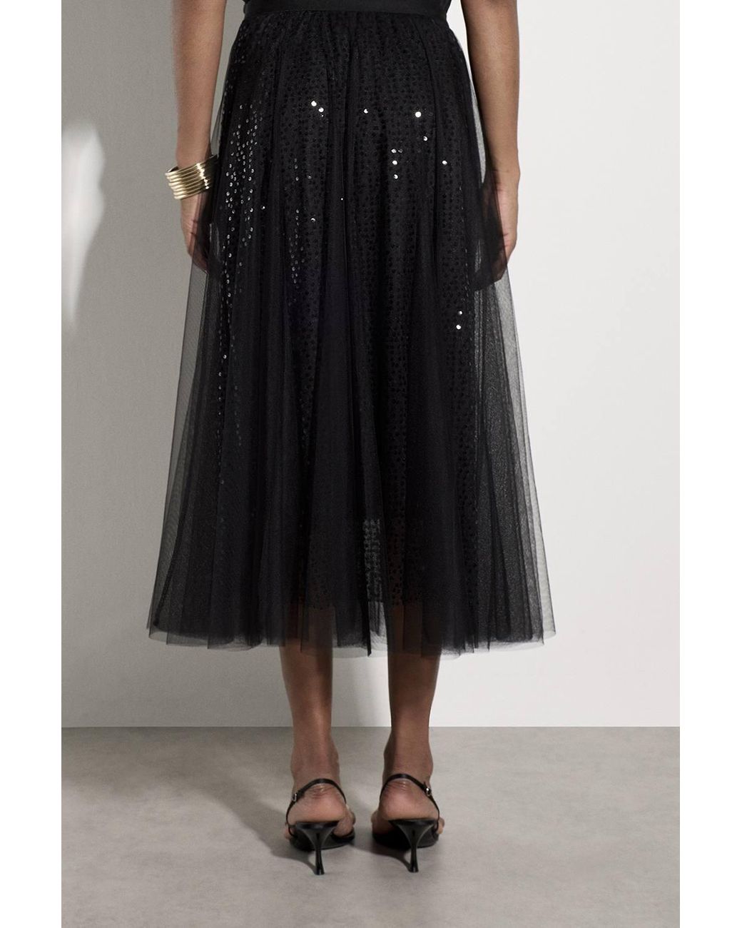 Apricot Black Sequin Tulle Midi Skirt