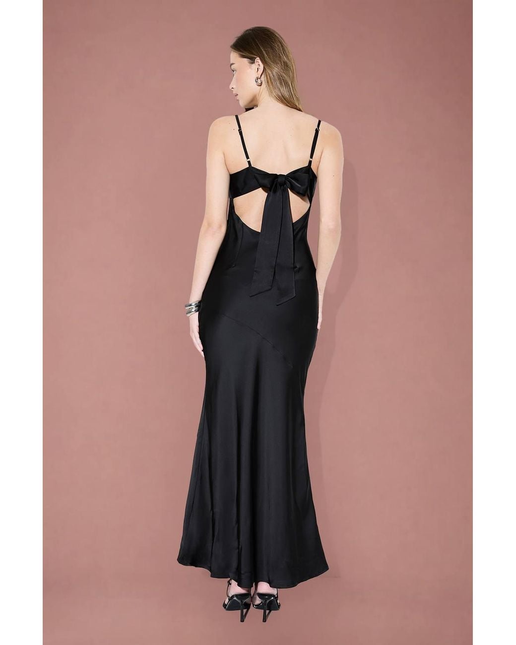 MissPap Black Premium Satin Bow Back Bias Cut Dress