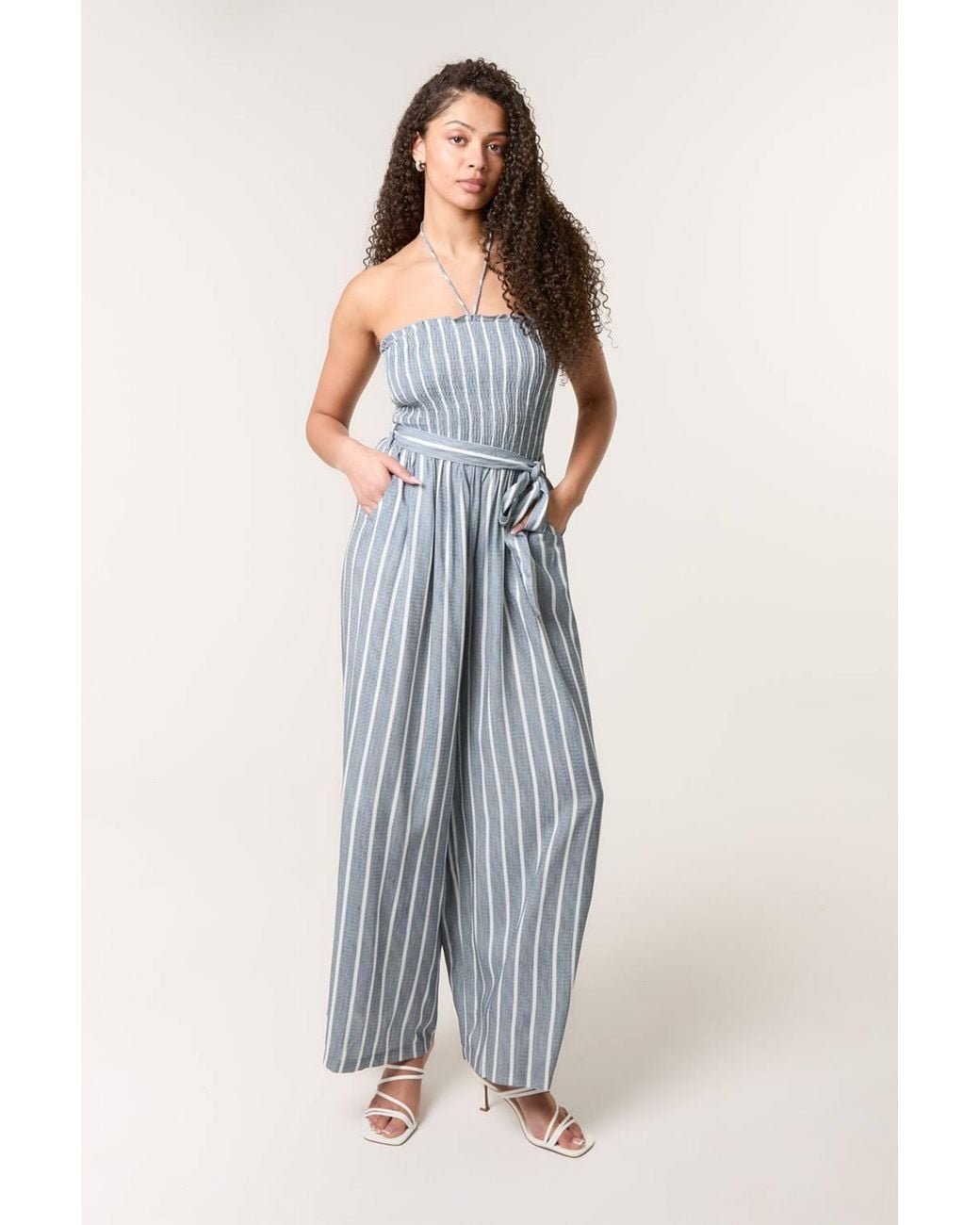 Blue Vanilla Blue Elasticated Waist Sleeveless Off-The-Shoulder Jumpsuit