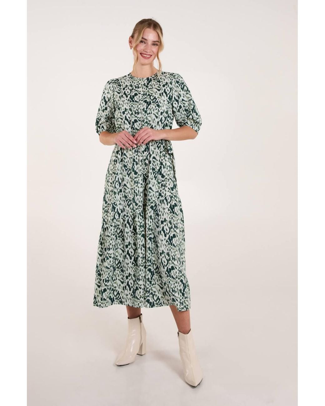 Blue Vanilla Green Abstract Elasticated Tie Waist Midi Dress