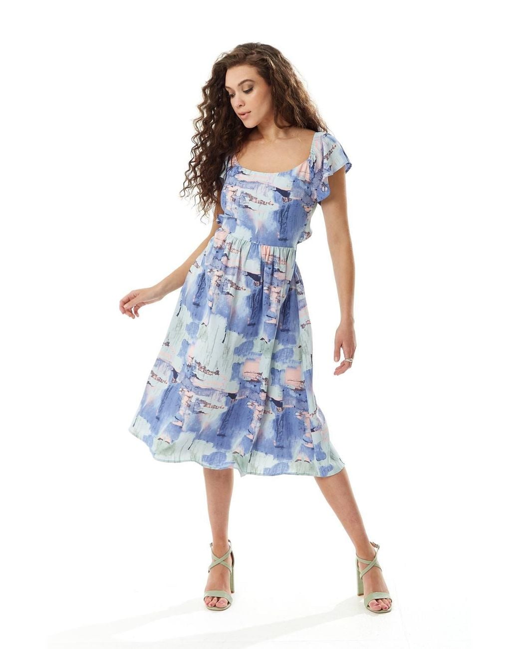 Liquorish Blue Abstract Print Cut Out Back Midi Dress