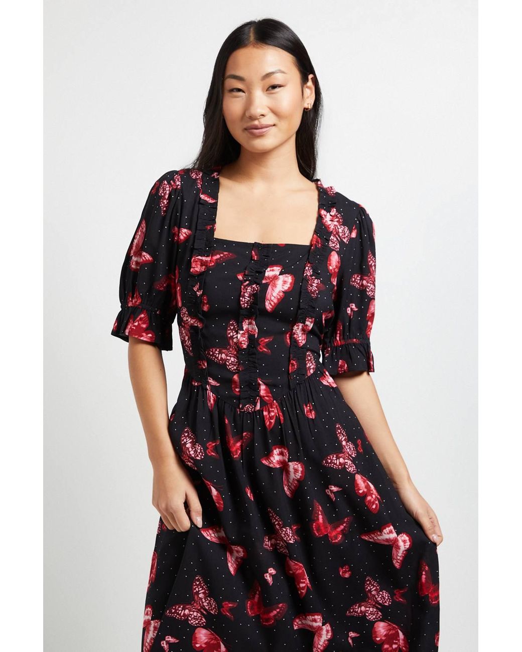 Dorothy Perkins Red Petite Square Neck Frill Detail Puff Sleeve Midi Dress