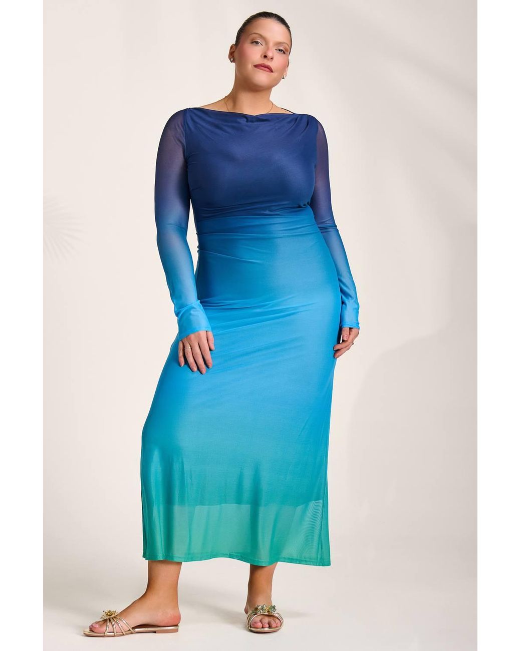 Jolie Moi Blue Long Sleeve Slash Neck Mesh Maxi Dress