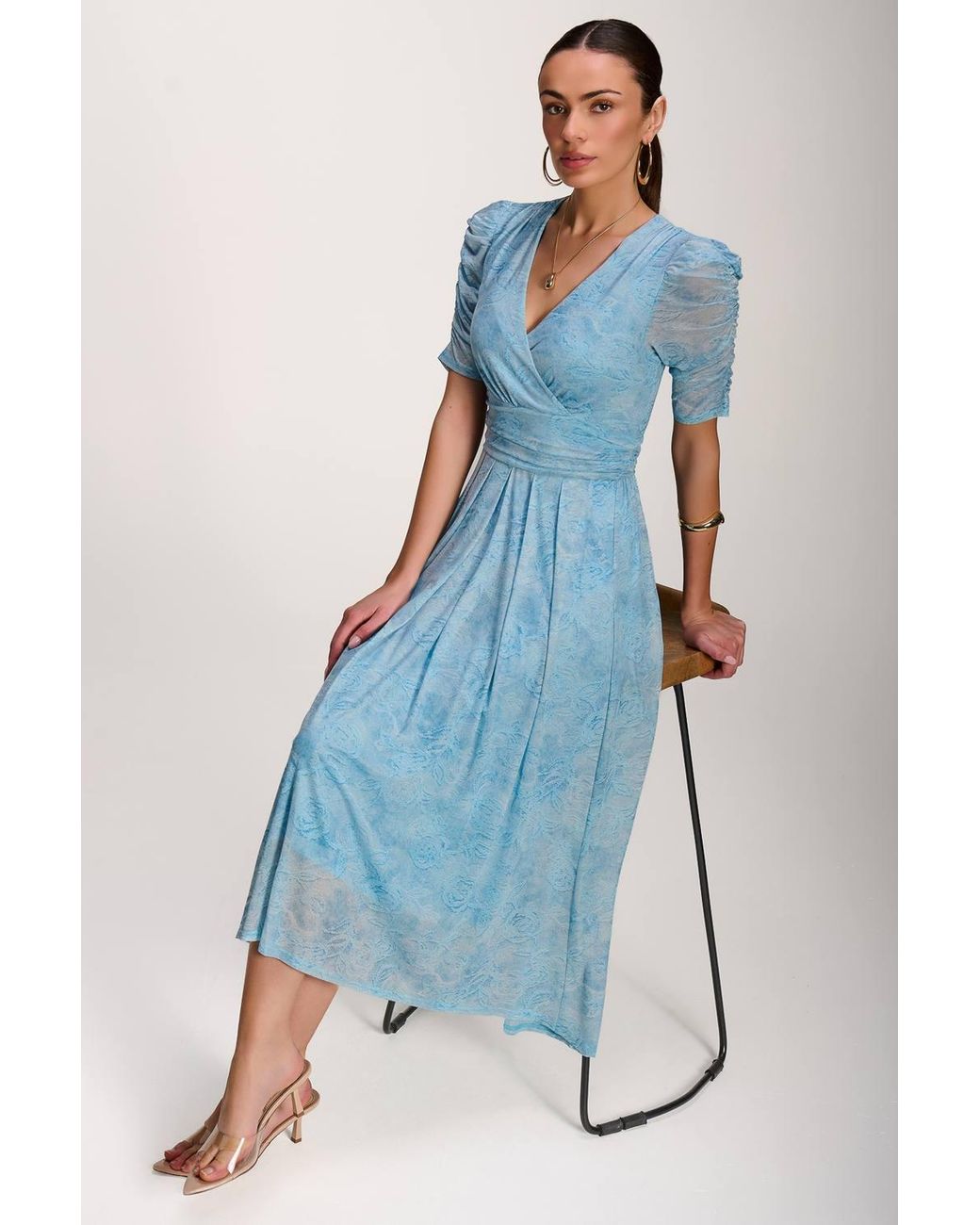 Jolie Moi Blue Printed Mesh Dip Hem Maxi Dress