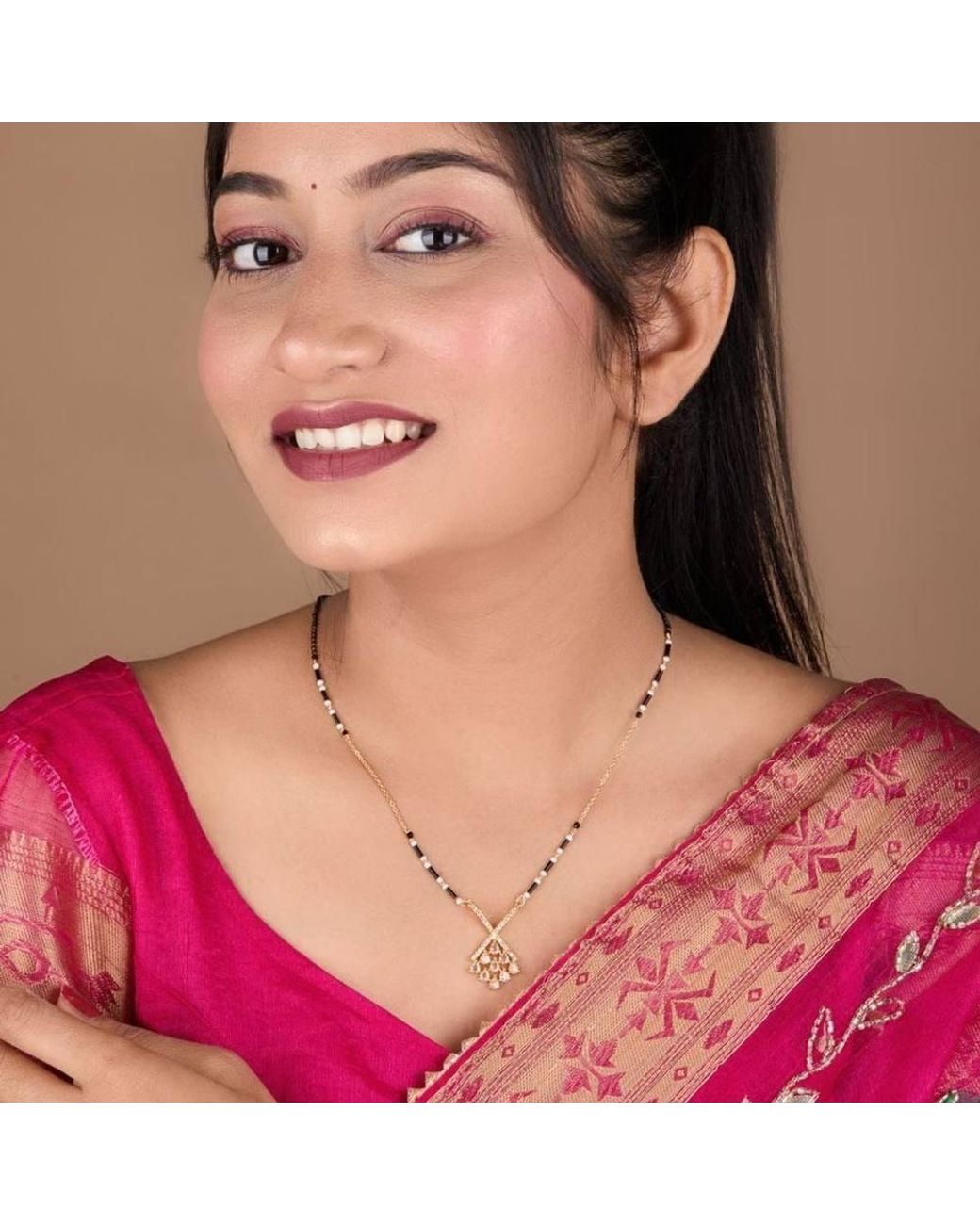 The Colourful Aura Green Elegant Pearl Drop Dokiya Mangalsutra Necklace, -Plated Brass