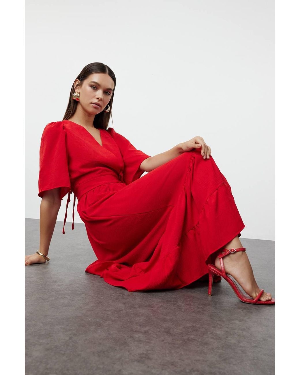 WOVCOR Red Belted Wrap Neck Back Detail Midi Dress