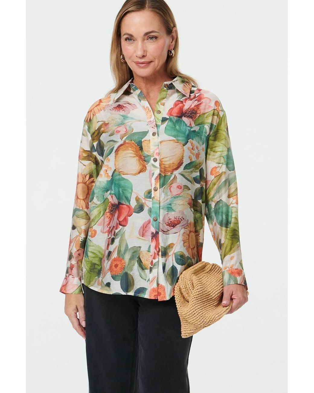 Izabel London Green Floral Long Sleeve Relaxed Fit Shirt