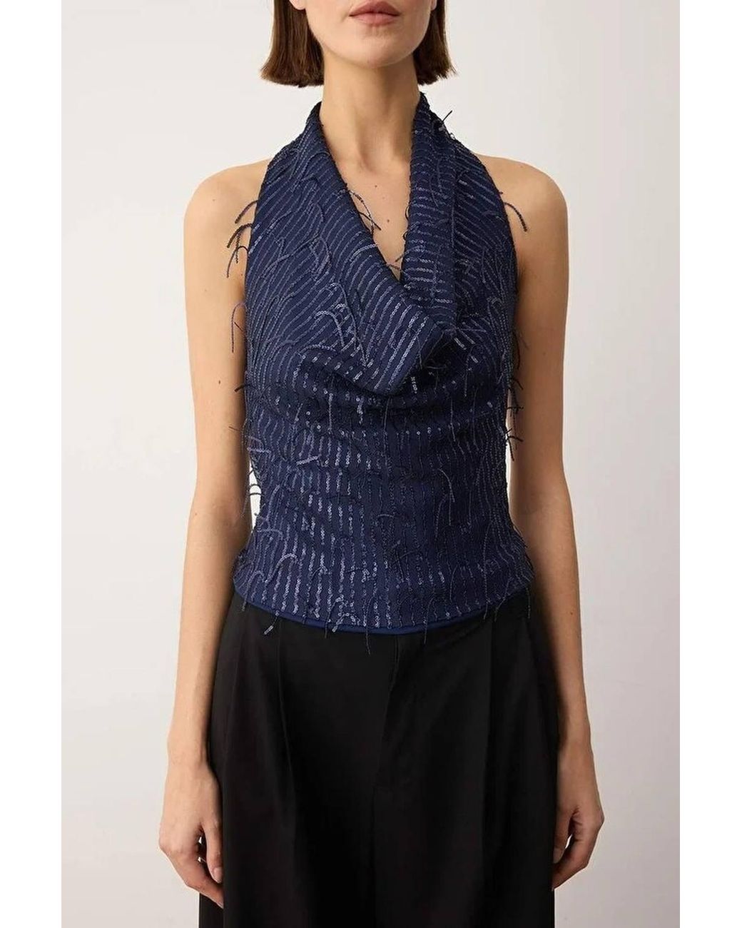 WOVCOR Blue Fringed Sequin V Neck Party Blouse