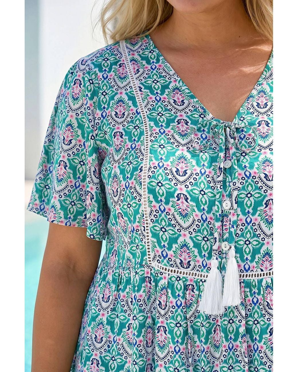Roman Blue Curve Tie Front V-Neck Boho Printed Top