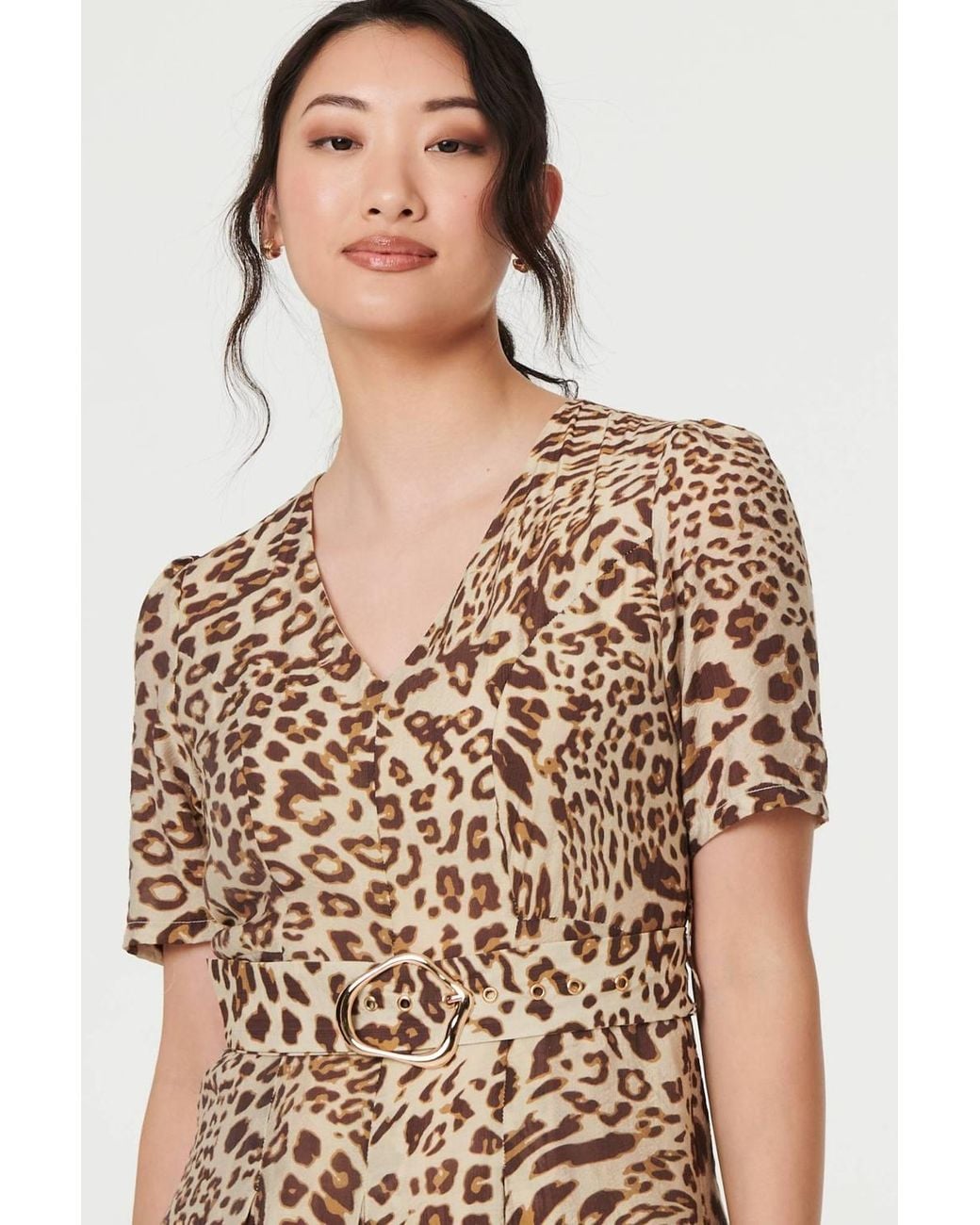 Izabel London Natural Animal Print Belt Detail Midi Dress