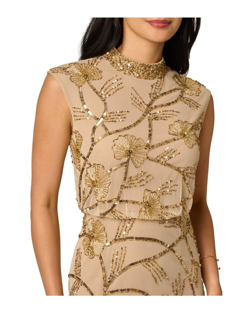 Adrianna Papell Metallic Mock Neck Beaded Long Dress