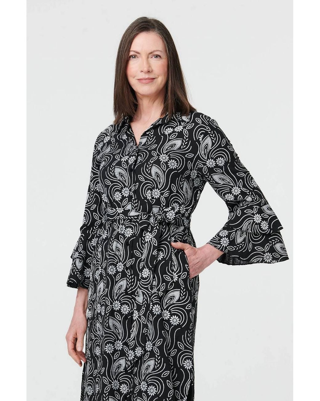 Izabel London Black Floral 3/4 Sleeve Tie Midi Shirt Dress