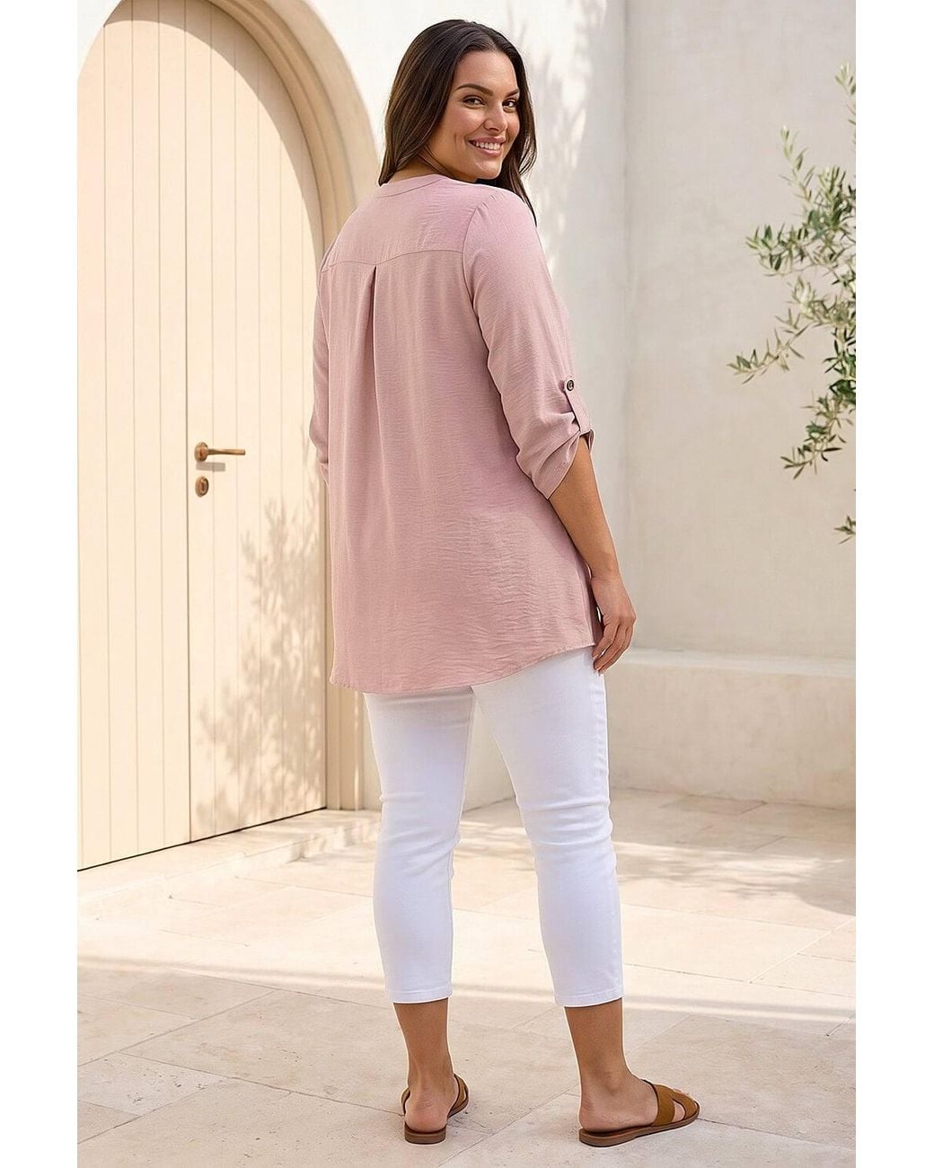 Roman Pink Curve Textured Buttoned Tunic Top