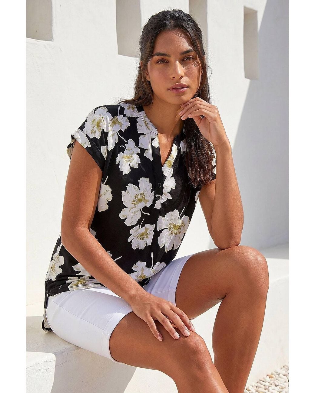 Roman Black Floral Puff Print Stretch Top