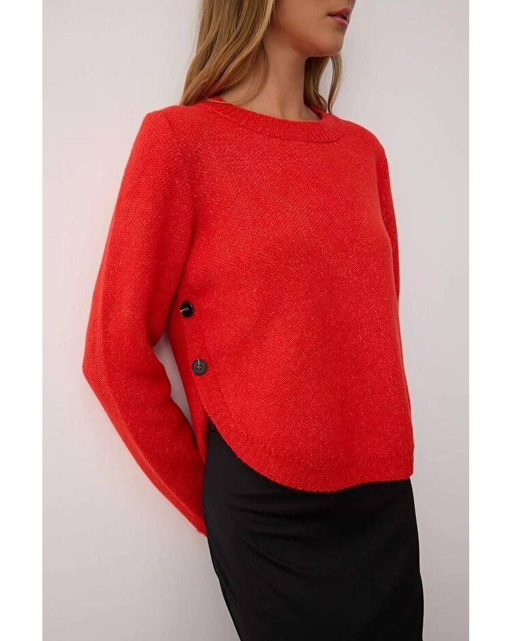 WOVCOR Red Oversized Crew Neck Long Sleeve Knit Sweater W/ Button Detail