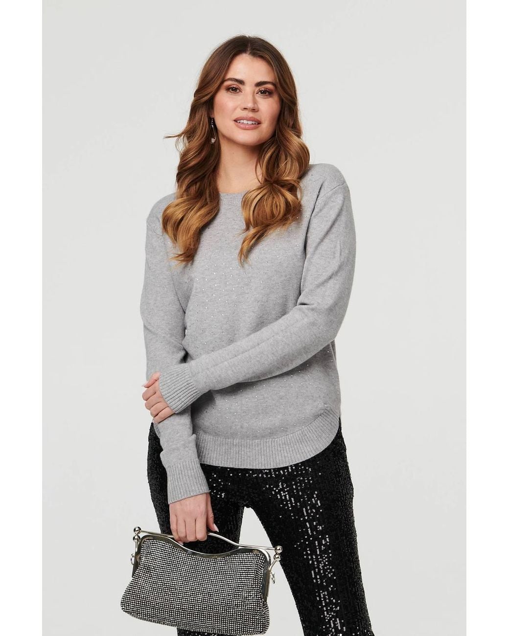Izabel London Gray Sparkle Detail Relaxed Jumper