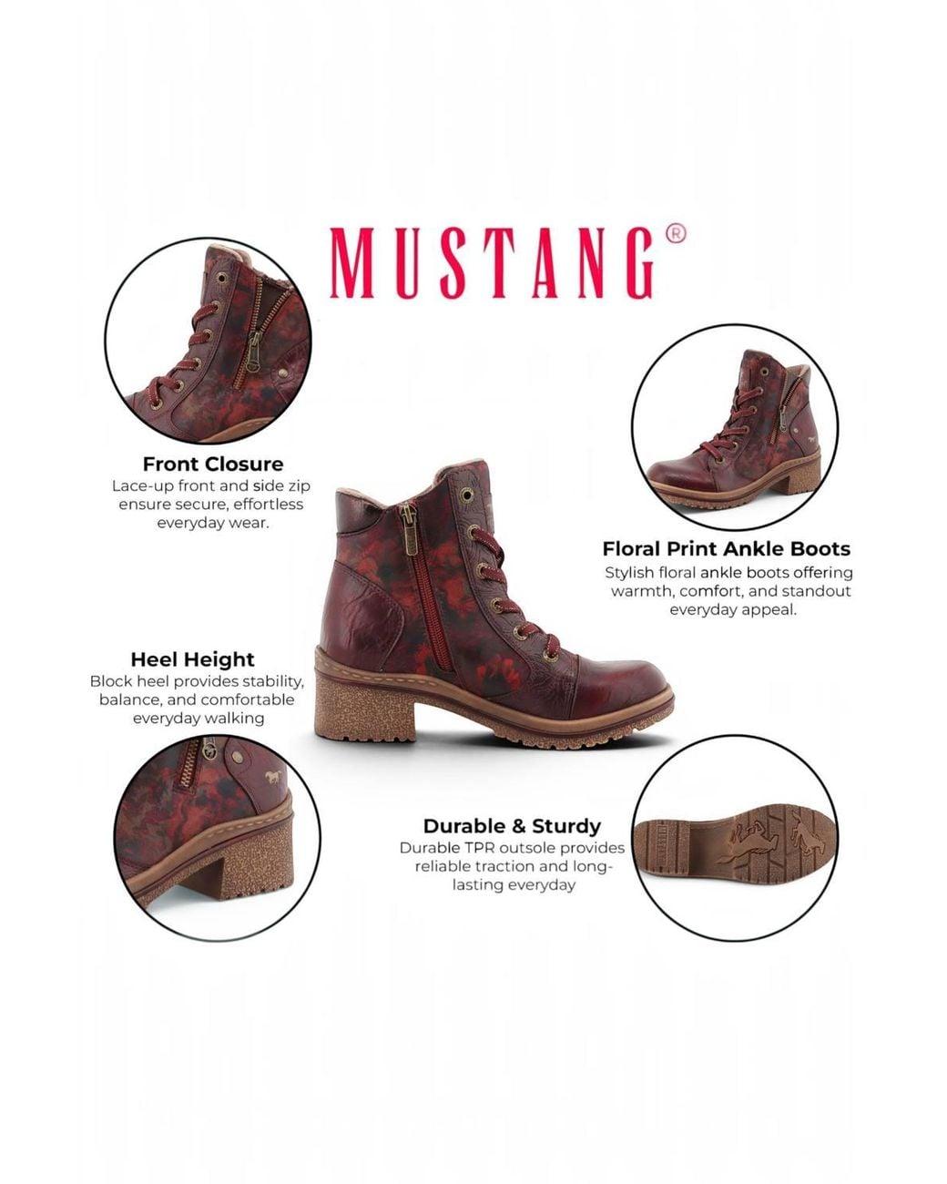 Infinity Leather Brown Mustang Floral Lace-Up Winter Ankle Boots