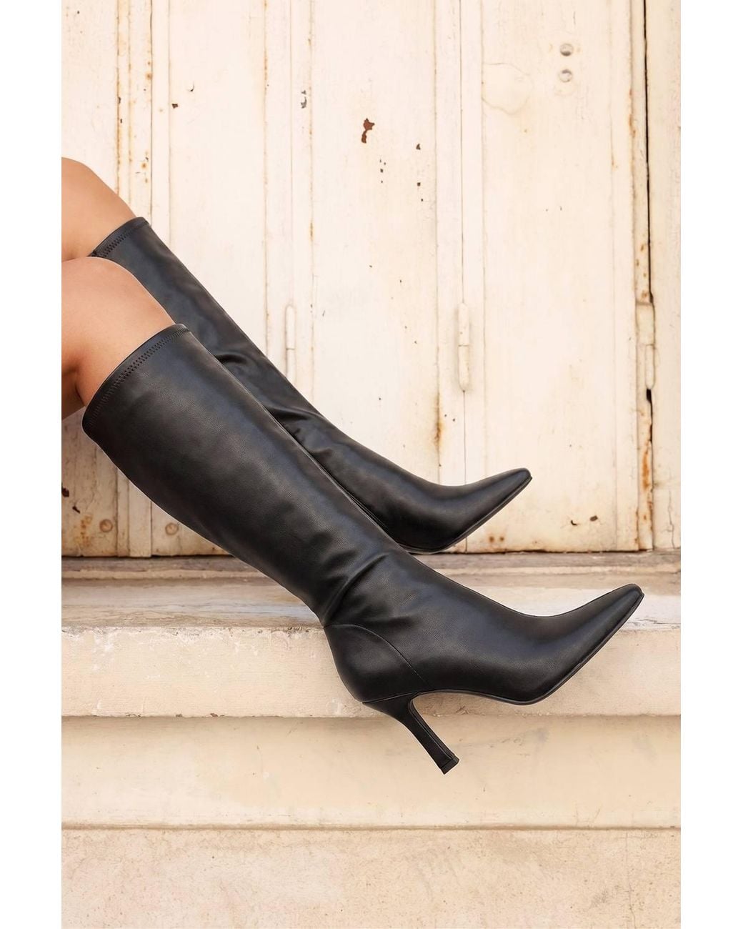 Linzi Black Alexia Faux Leather Stretch High Leg Boots