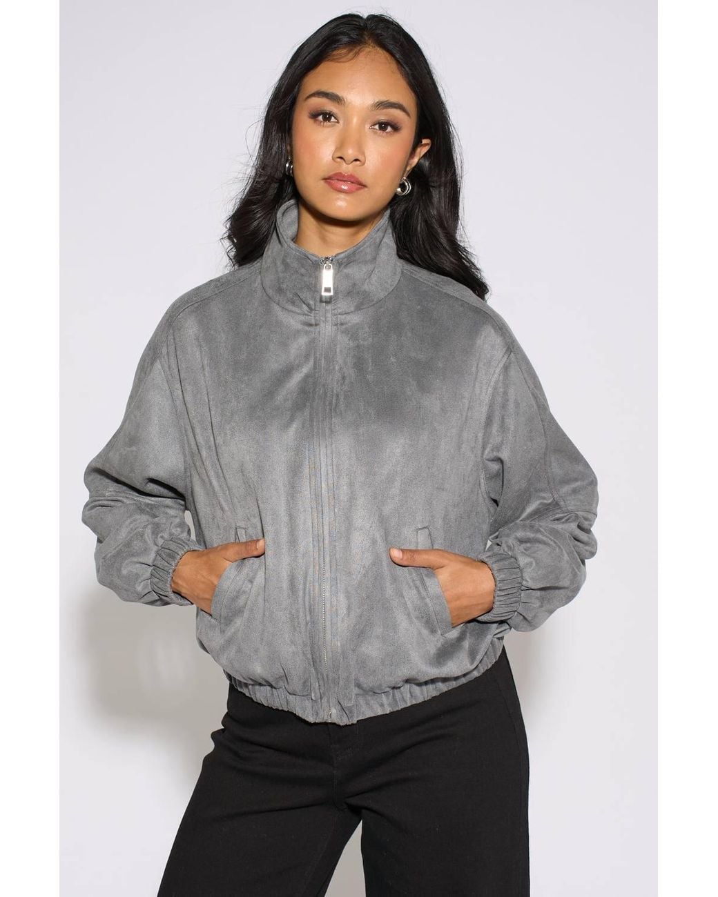 Gini London Gray Faux Suede Funnel Neck Bomber Jacket