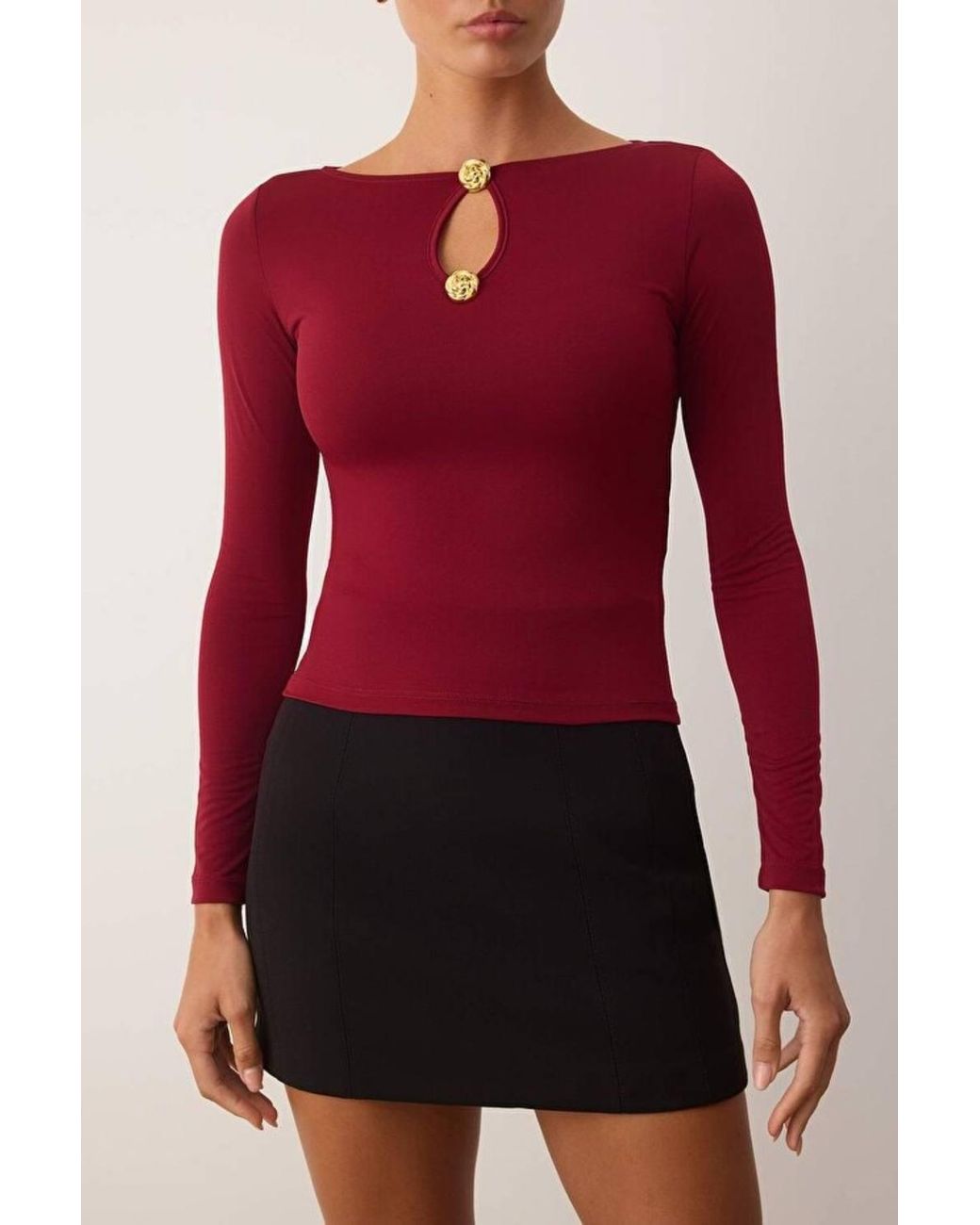 WOVCOR Red Cut Out Long Sleeve Fitted Knit Top W/ Button Detail