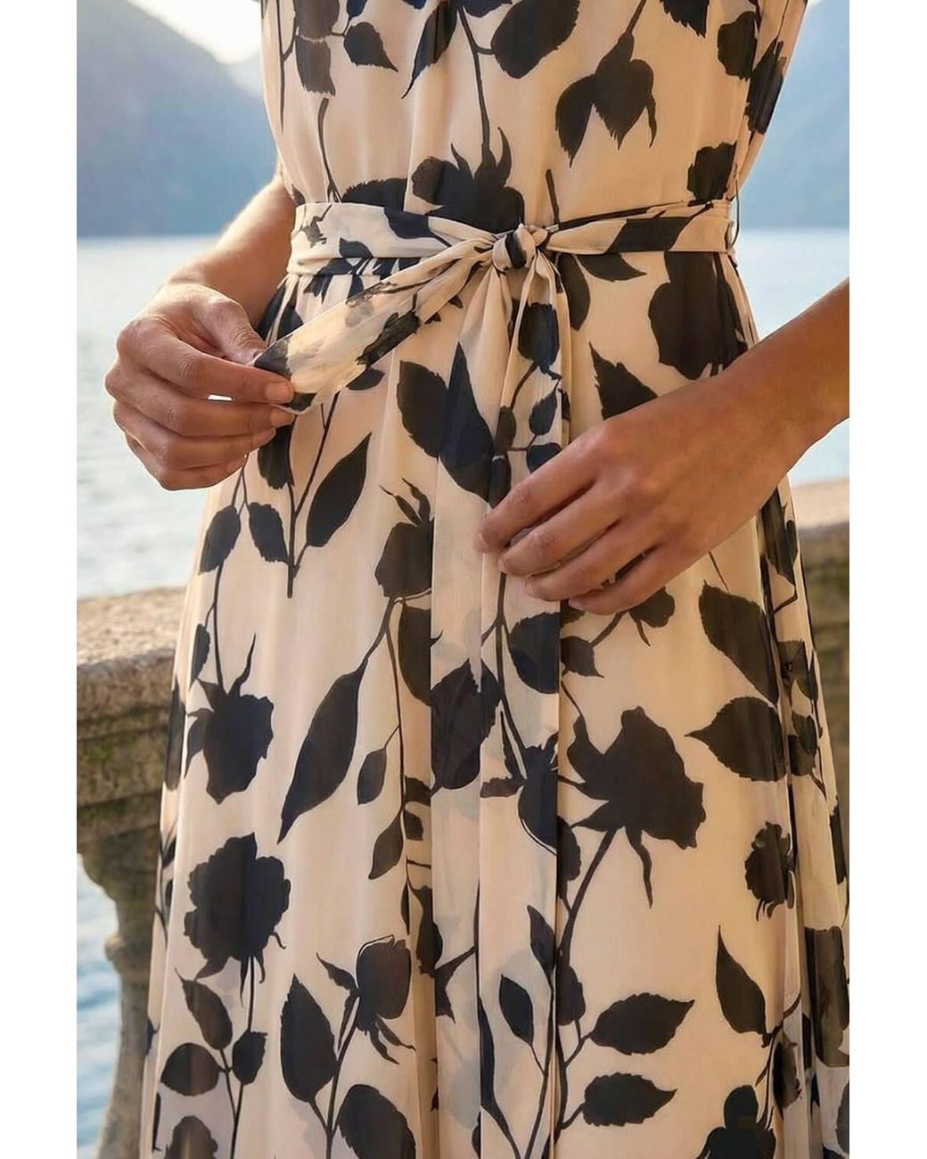Roman Natural Floral Print Pleat Neck Midi Dress