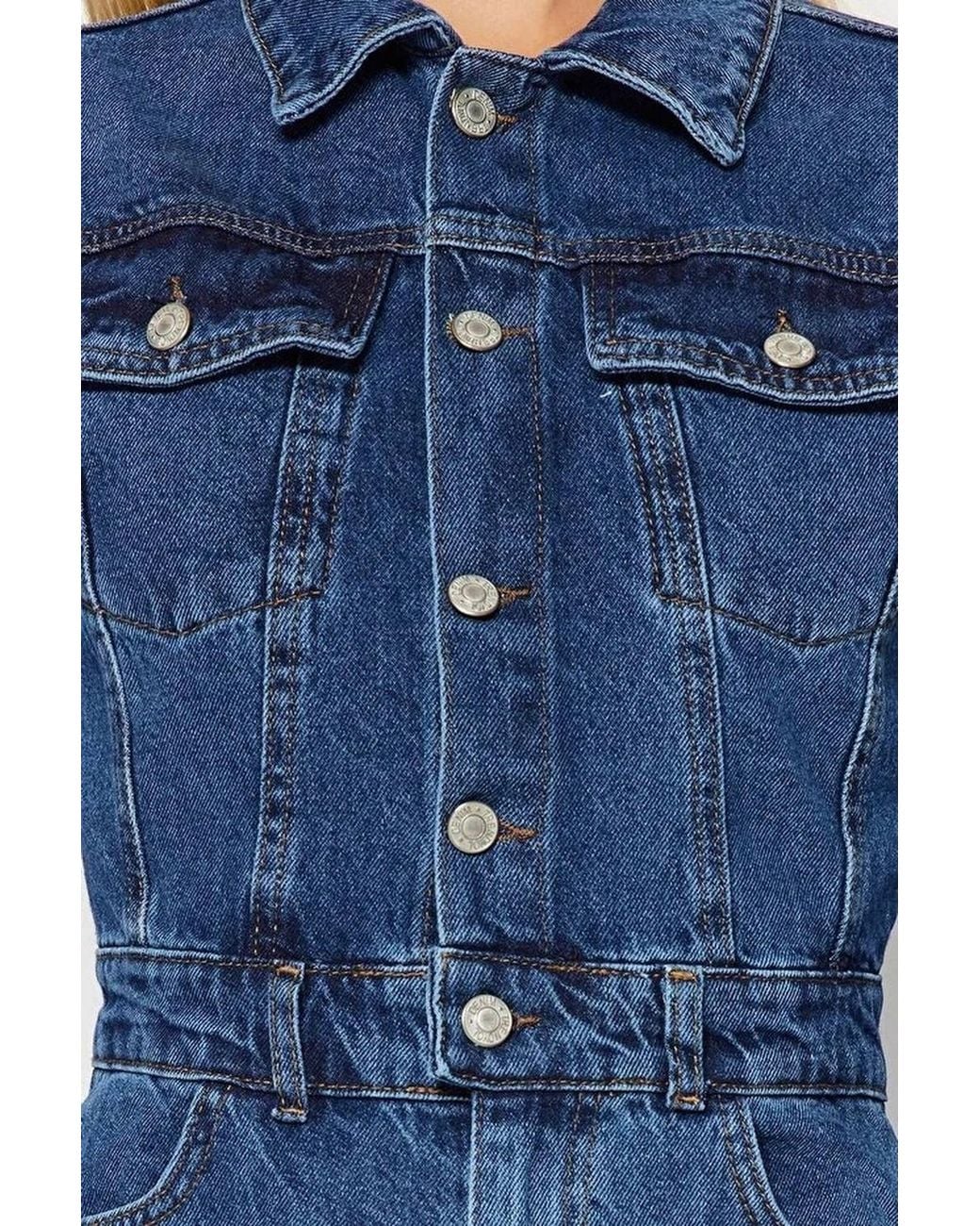 WOVCOR Blue Stitch Detail Collared Long Sleeve Tapered Denim Jumpsuit
