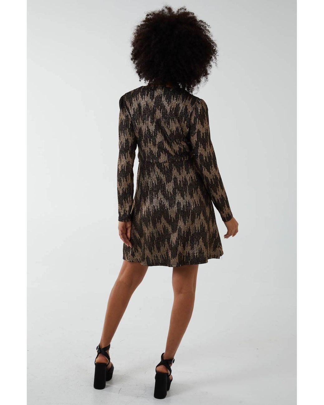 Blue Vanilla Multicolor Foil Zig Zag Puff Sleeve Swing Dress