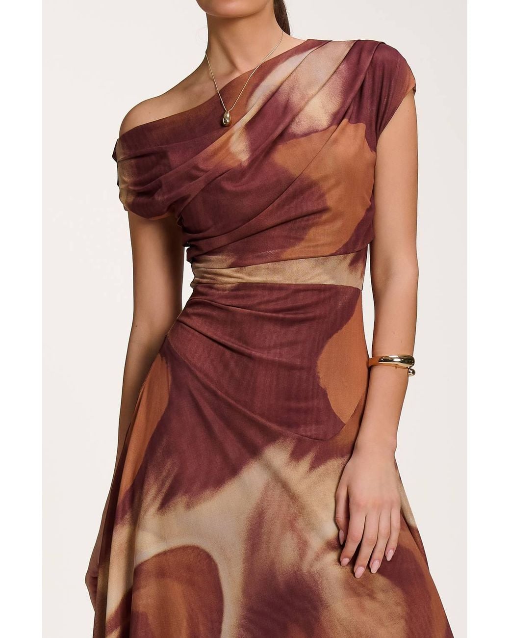 Jolie Moi Brown Asymmetric Draped Mesh Dress