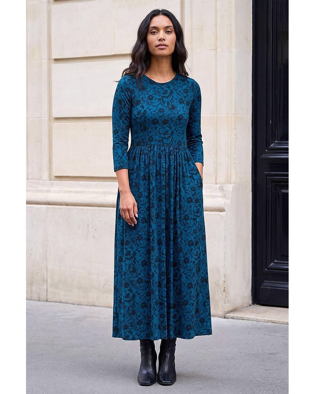 Roman Blue Printed Round Neck Dress