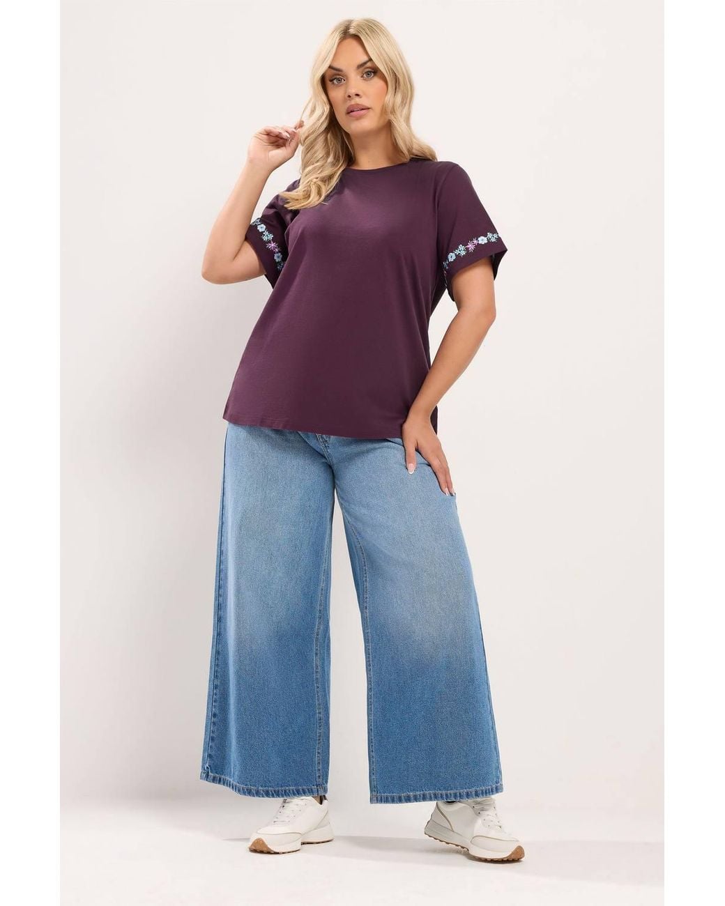 Yours Purple Embroidered Floral Sleeve Detail T-Shirt