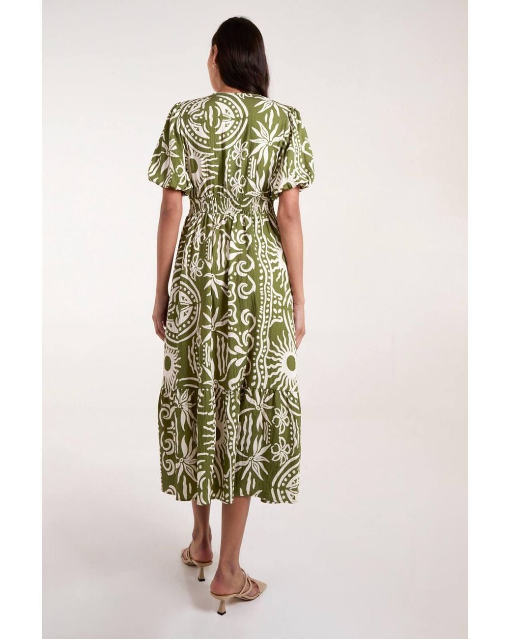 Blue Vanilla Green Elasticated Waist Short Sleeve Button Up V-Neck Midi Dress