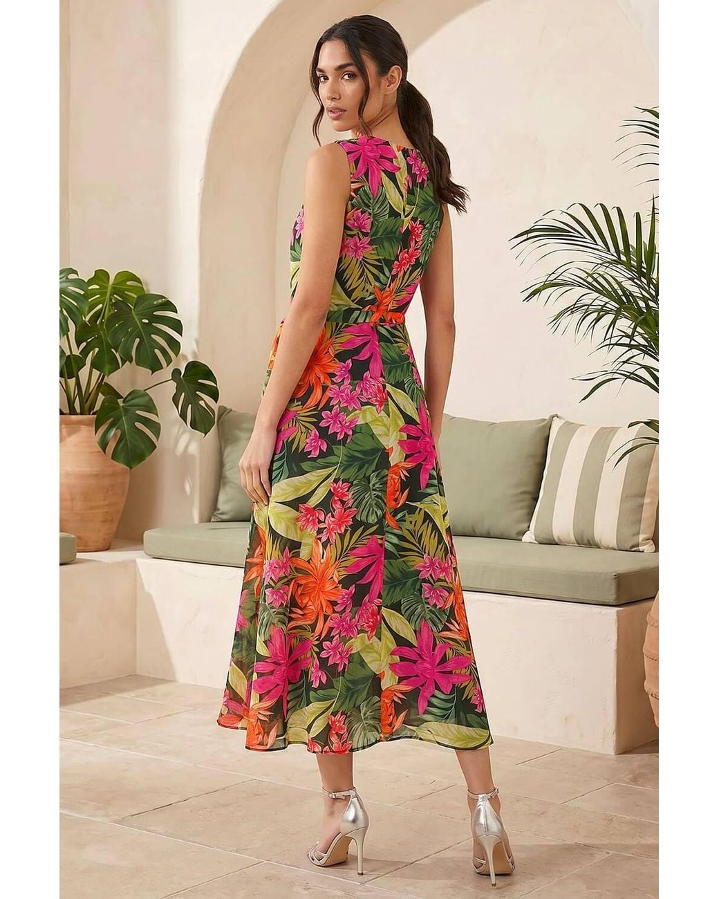 Roman Black Leaf Print Chiffon Pleat Neck Midi Dress