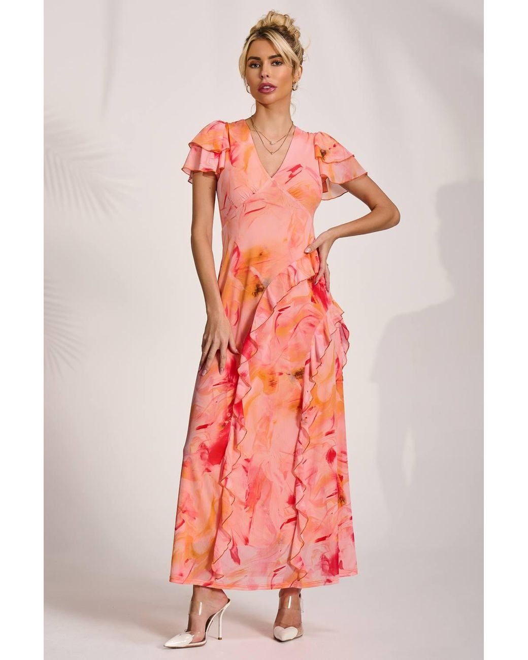 Jolie Moi Red Cap Sleeve Ruffle Mesh Maxi Dress