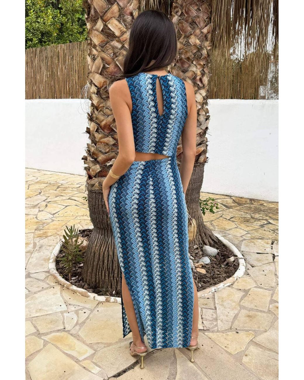 AX Paris Blue Zigzag Crochet Side Waist Cut Out Midi Dress