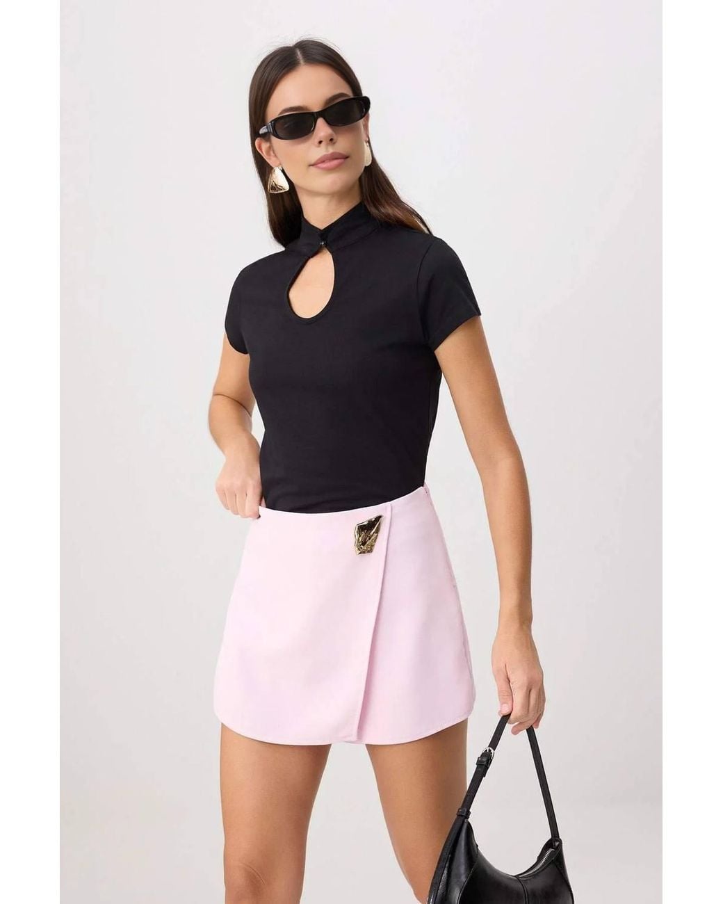WOVCOR Black Regular Fit Keyhole Neck Short Sleeve Cotton Knit Blouse