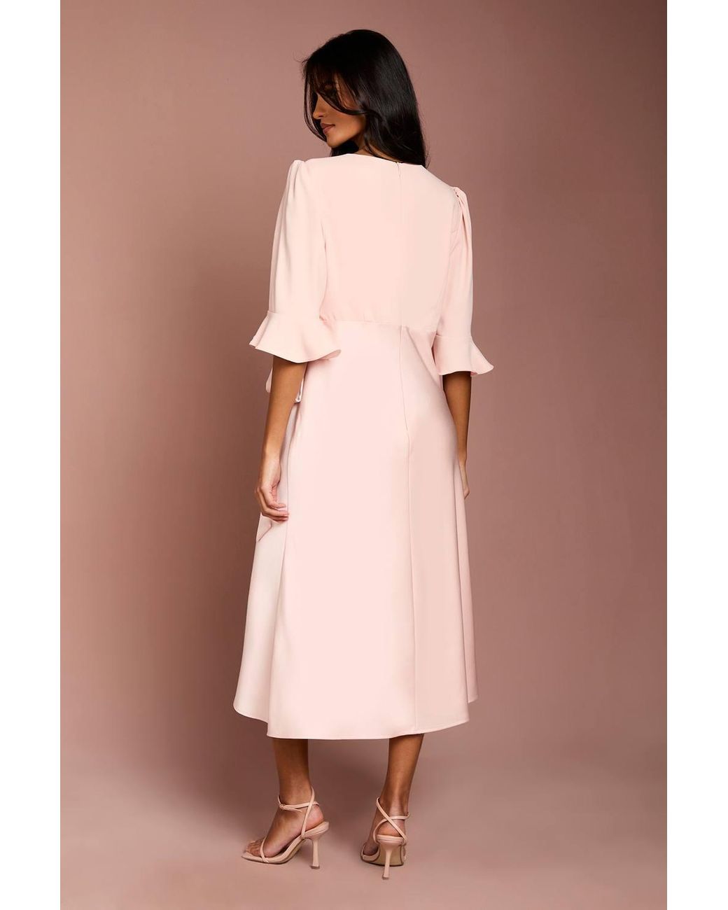 Coast Pink Petite Ruffle Sleeve Satin Back Crepe Wrap Dress