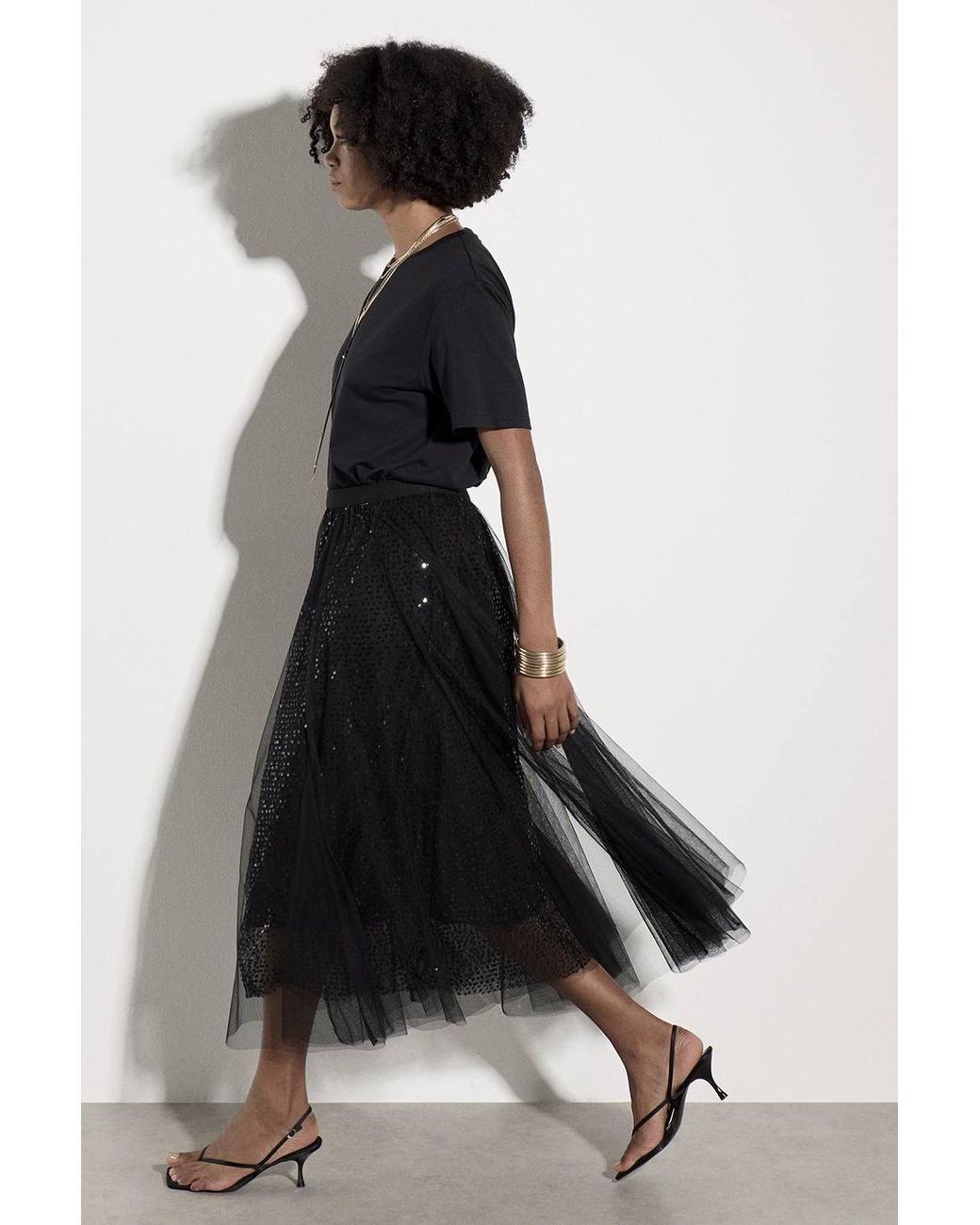 Apricot Black Sequin Tulle Midi Skirt