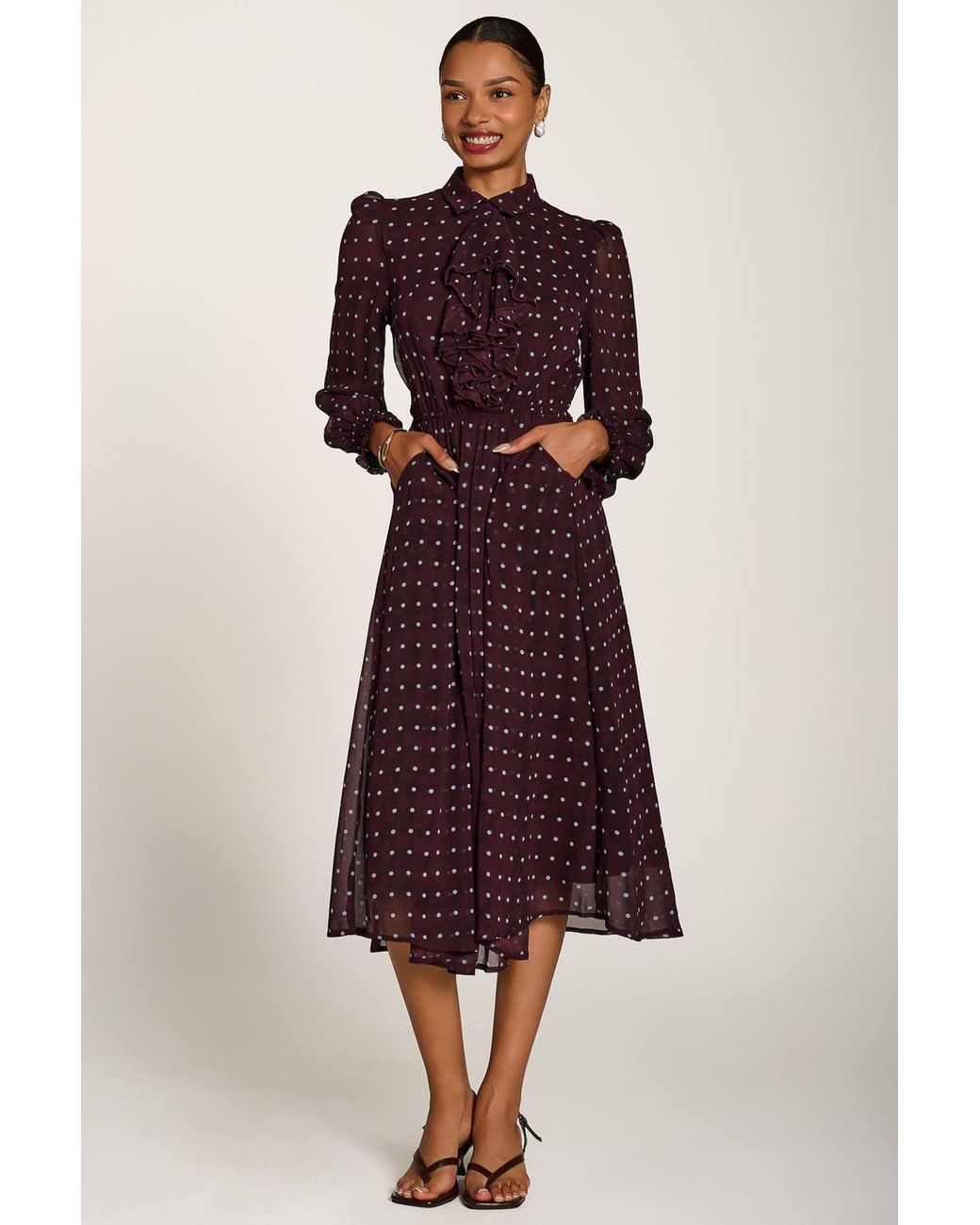 Jolie Moi Red Chiffon Print Ruffled Shirt Dress