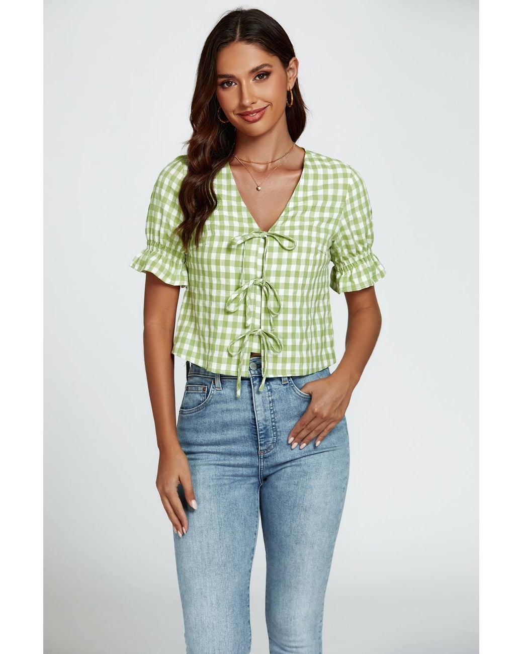 FS Collection Green Check Print Tie Front Top