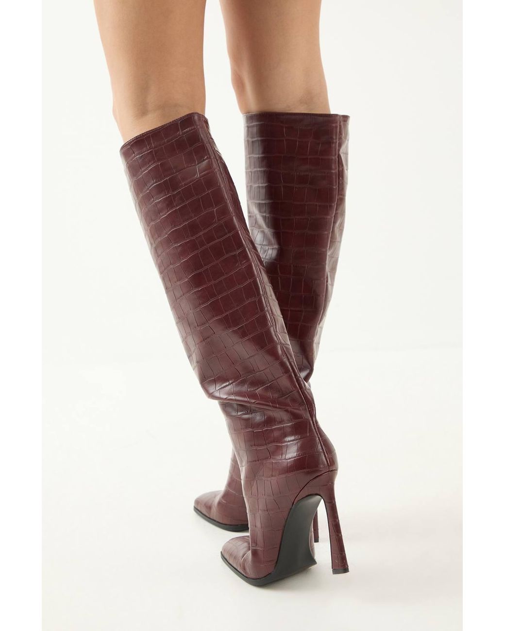 MissPap Faux Croc Leather High Flared Stiletto Heel Knee Boots
