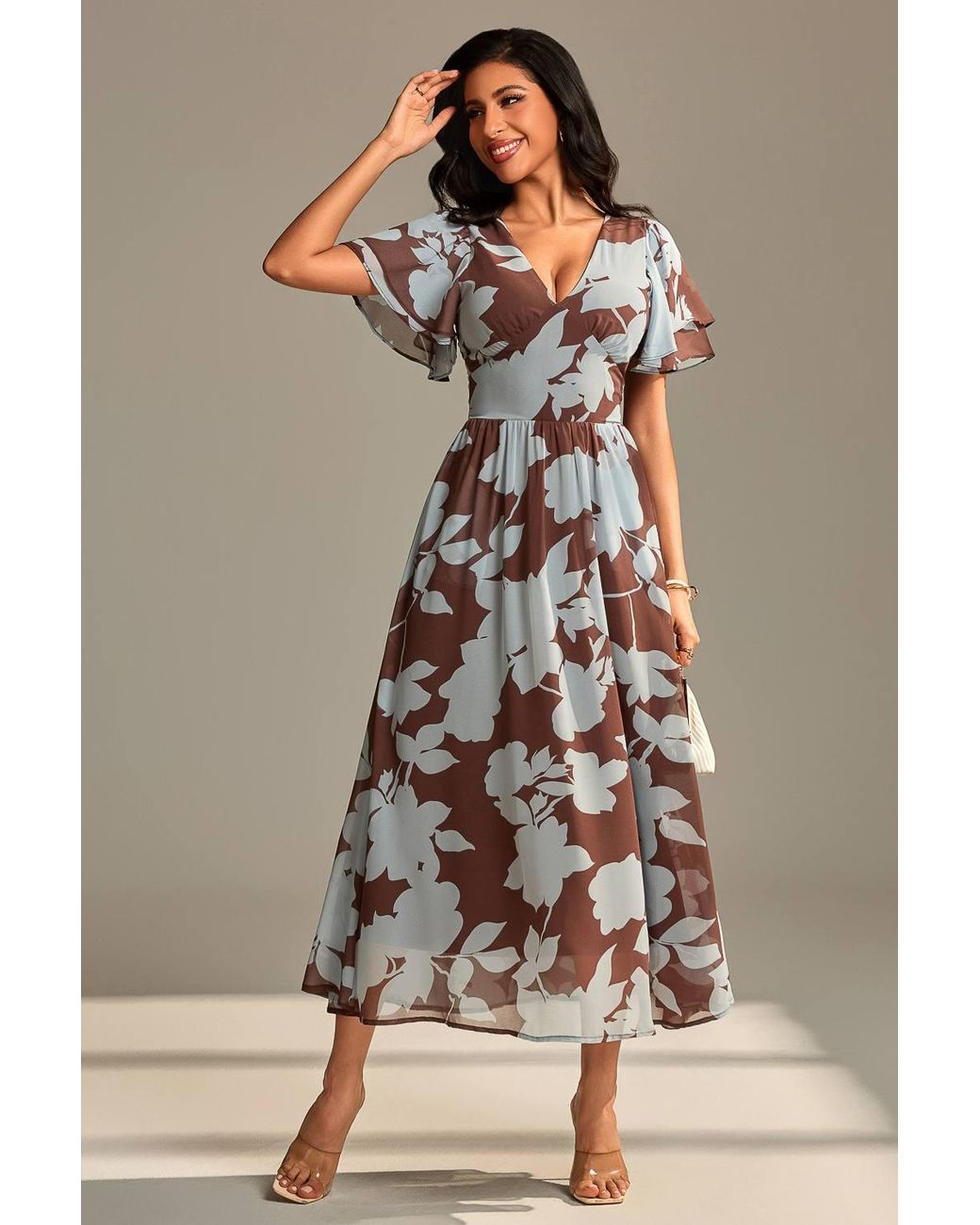 Jolie Moi Brown Layered Angel Sleeved Chiffon Maxi Dress
