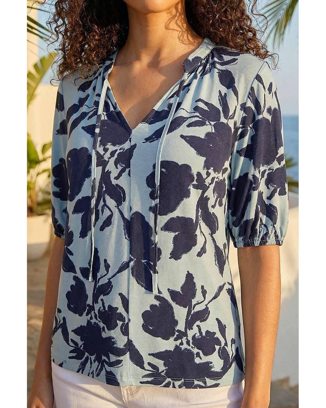 Roman Blue Petite Floral Tie Front Top