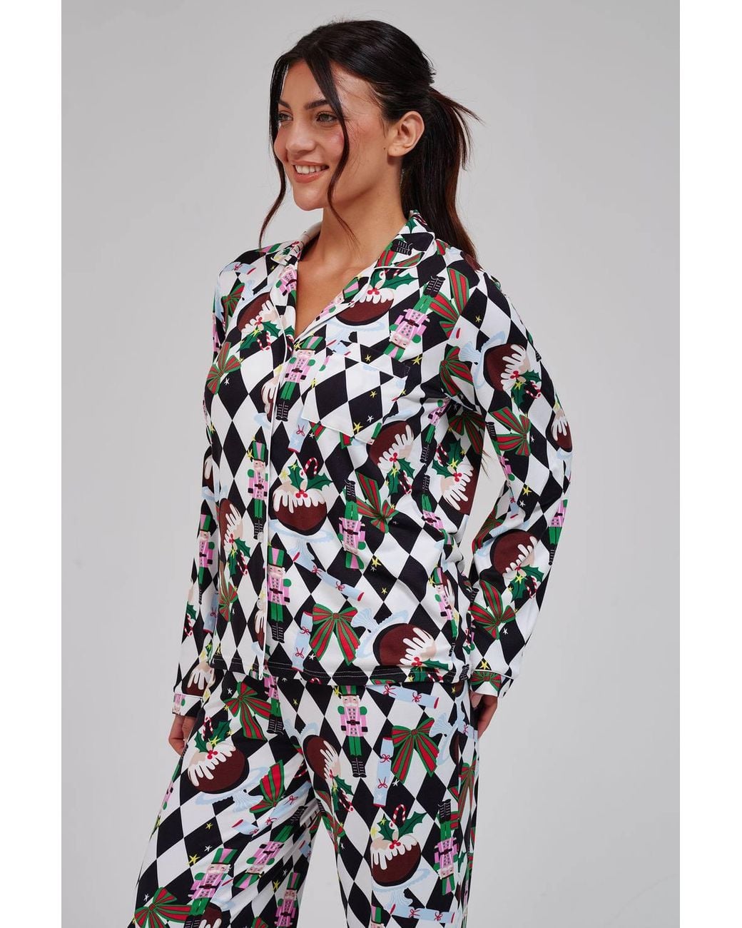 Loungeable White Christmas Argyle Ls Button Down Traditional Pyjama Set
